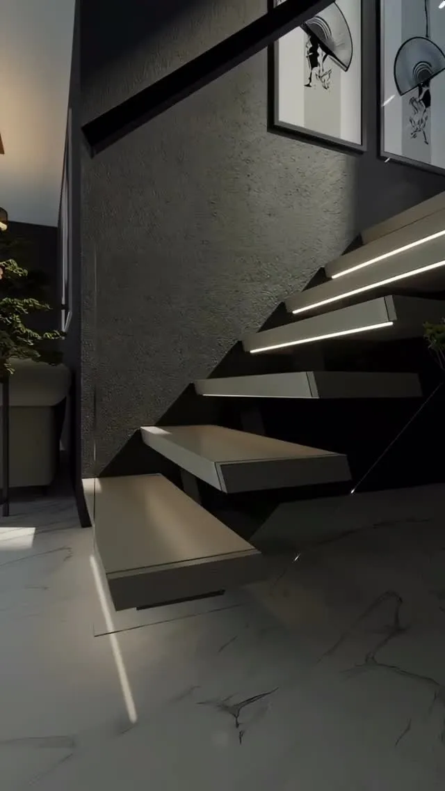 LED stair lighting installation with low-voltage wiring in progress
