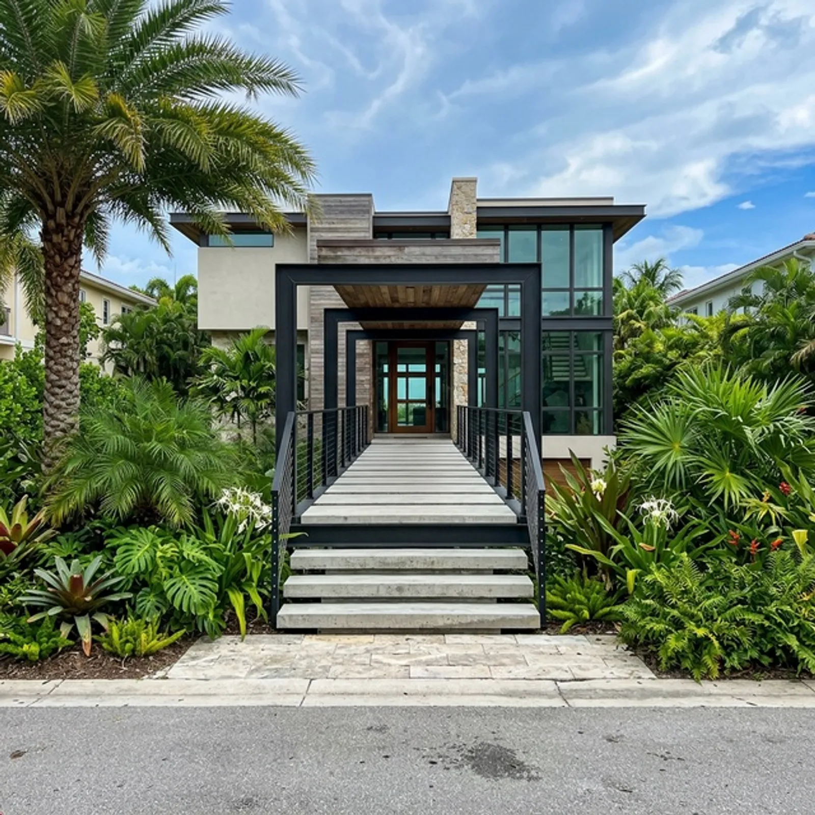 Exterior floating stair entryway designed for Florida weather exposure