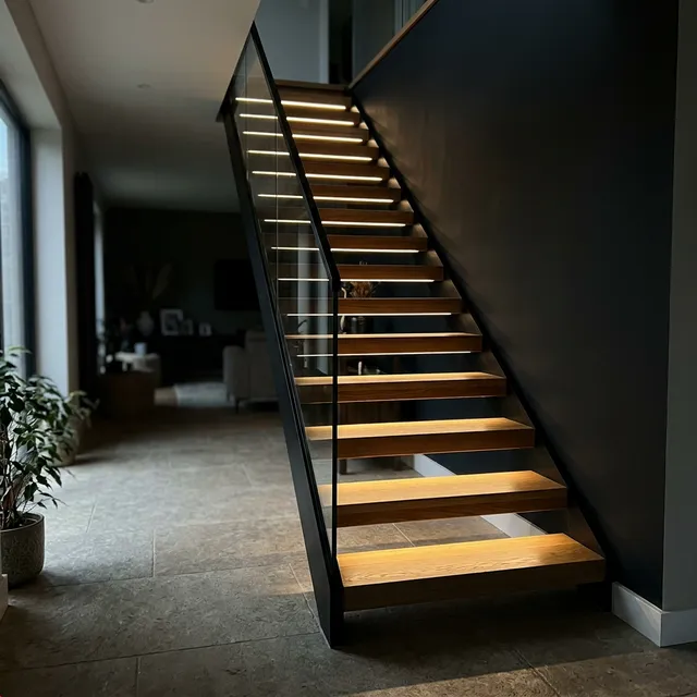 Floating staircase with integrated LED lighting under each tread